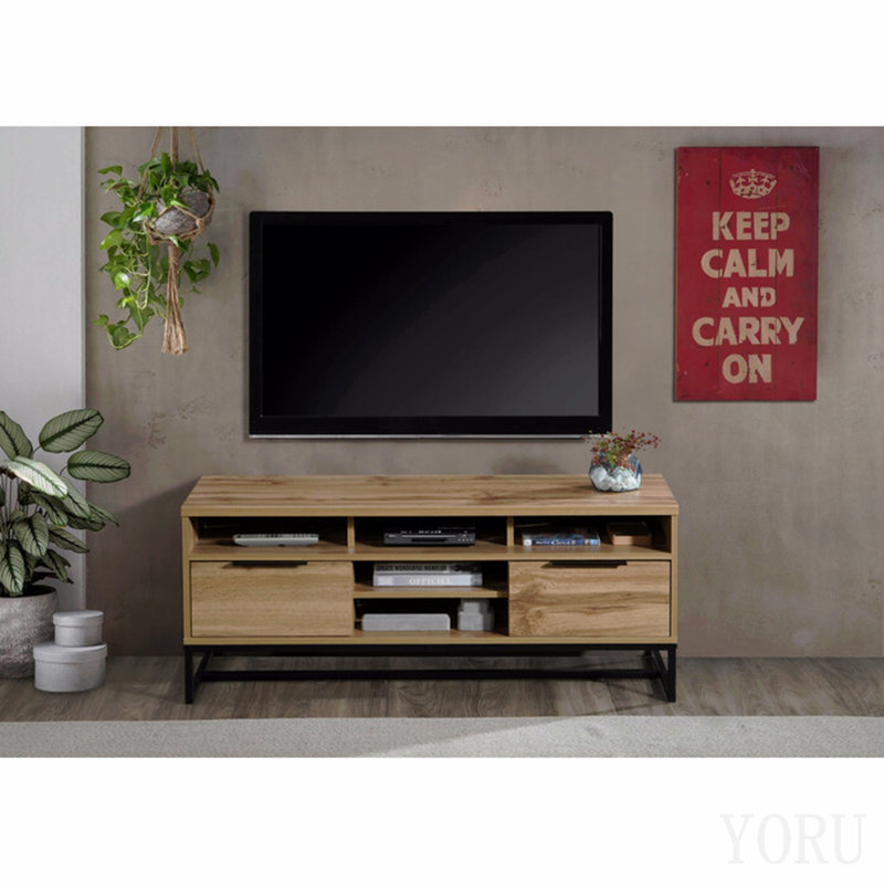 Meuble télé en chêne massif de 47 pouces avec 5 tablettes et 2 tiroirs, console multimédia pour téléviseurs de 43 à 55 pouces.