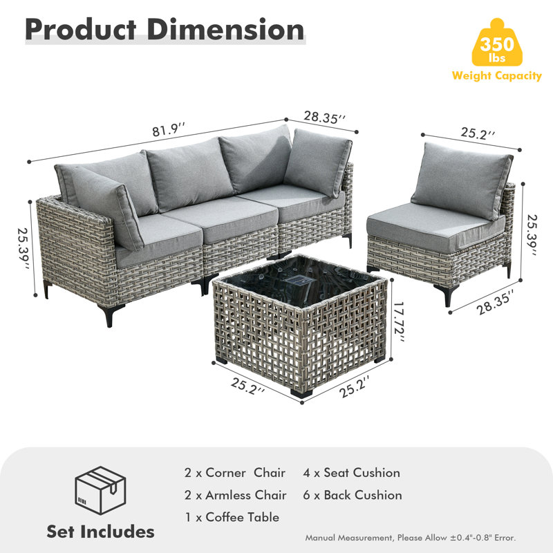 Ensemble de canapé d'extérieur en rotin tissé haute densité 5 pièces avec table basse lumineuse, Gris foncé