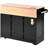 55.7'' Large Kitchen Island Countertop, with 2 hinged lids, 5-wheel rolling kitchen trolley with power outlet, foldable storage table with spice and towel rack, 3 drawers, suitable for kitchen, restaurant, black-1589449733