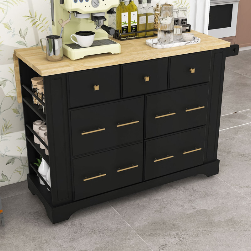 Wooden Kitchen Island with Trash Can Storage, Drop Leaf, Drawers and Charging Station, Black