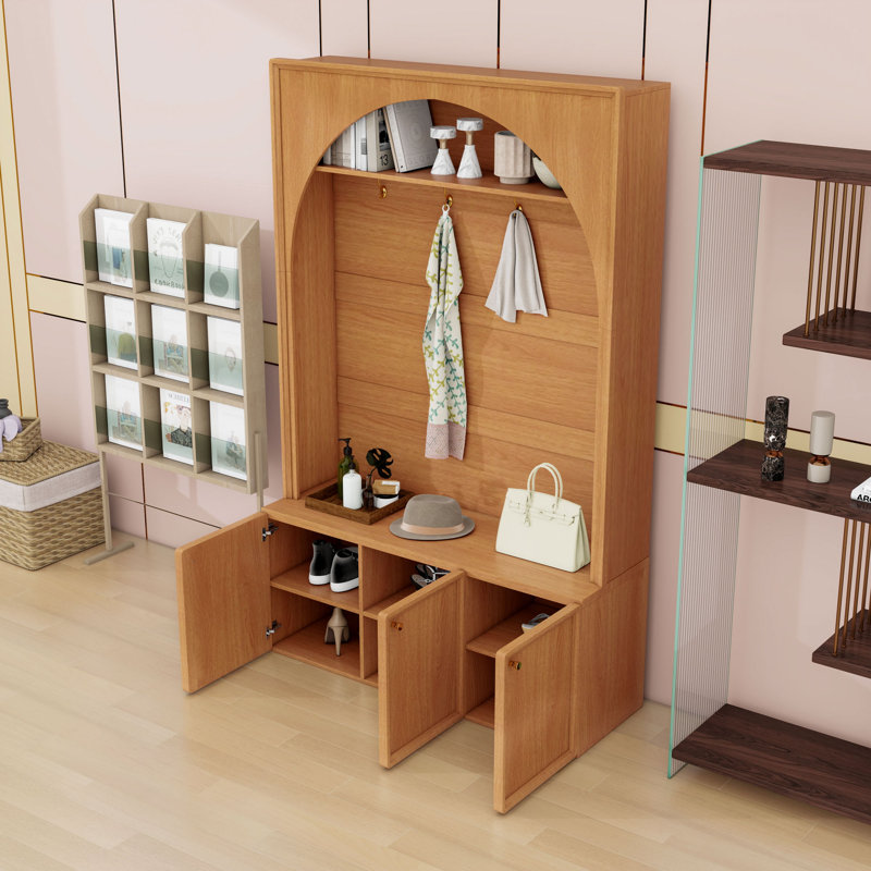 Elegant Hall Tree with Bench, Hooks, Adjustable Shelves and Arched Design, Natural