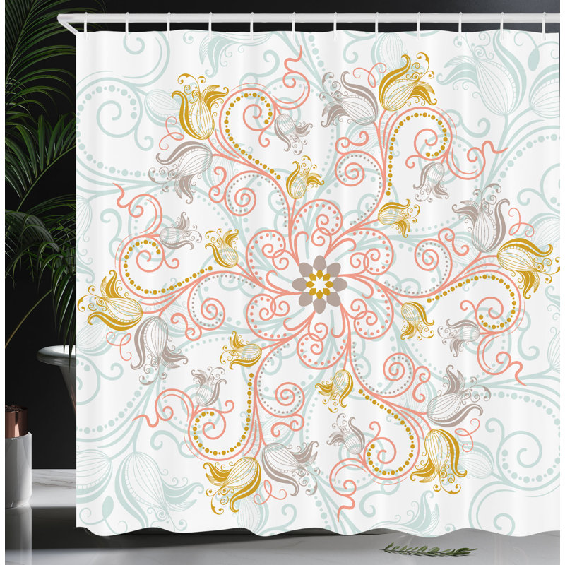 Ensemble de rideau de douche et crochets mandala, H 75 po x l 69 po, Jaune foncé