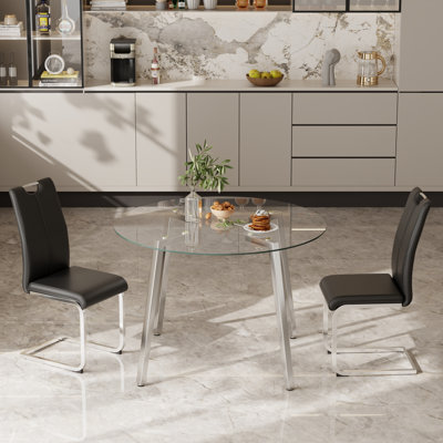 Easterling Modern Round Glass Pedestal Dining Set With PU Chairs