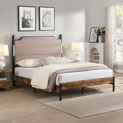 Structure de lit, tête de lit tapissier avec lumières DEL rechargeables et tactiles, rangement sous le lit, aucun sommier nécessaire, sans bruit