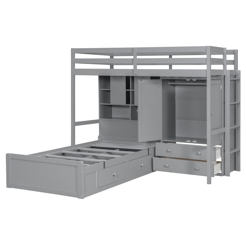 Lit superposé simple avec tiroirs, garde-robe, tablettes de rangement et lit hydraulique, gris, gris