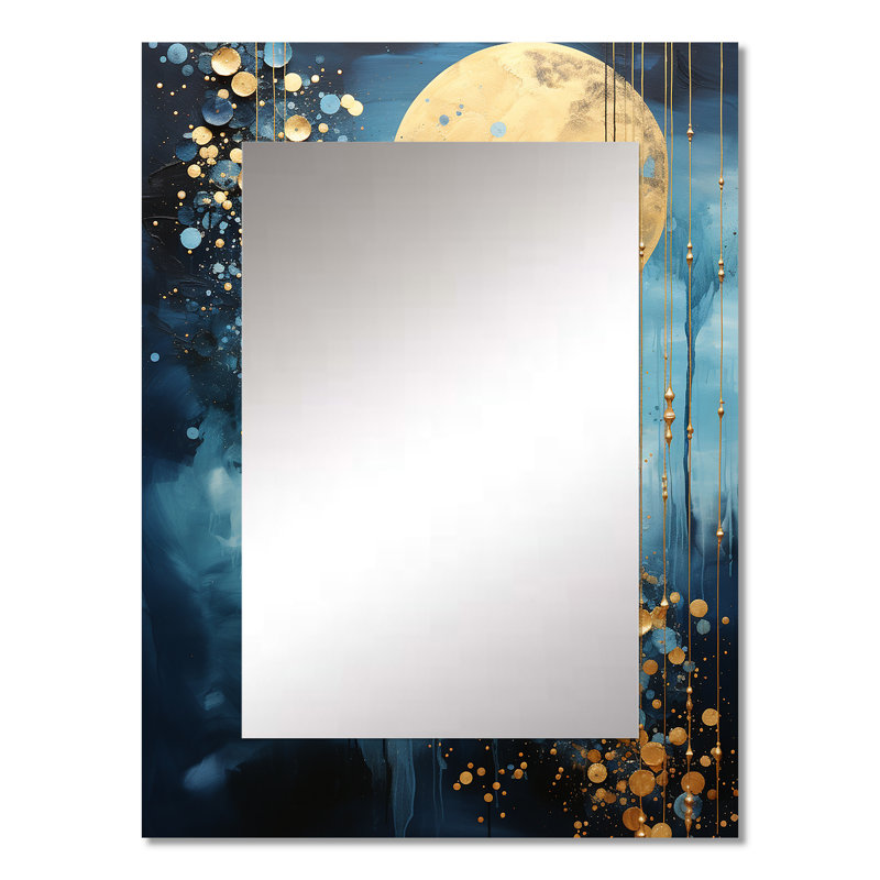 Moon Blue And Gold Cerulean Cycle Dreams III - Moon Large Wall Mirror, Blue Unique Mirror, Printed Metal Art, 32" x 24"