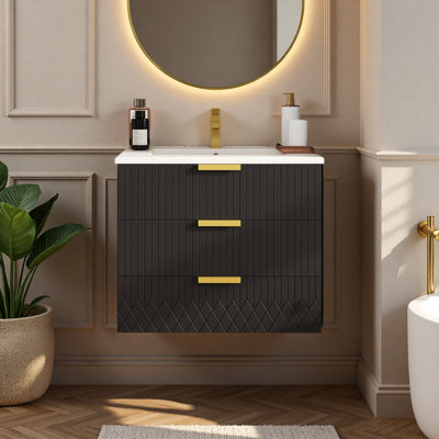 24Inch Wall Mounted Floating Cabinet W/Double Drawer, Floating Rectangular Vanity Small Bathroom Sink With Single Faucet Hole And Overflow, Modern Bathroom Cabinet With Ceramic Basin Sink