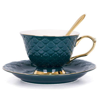 Vintage 8 Ounces Porcelain Tea Cup and Saucer Set, Coffee Cup with Decorative Scale Pattern