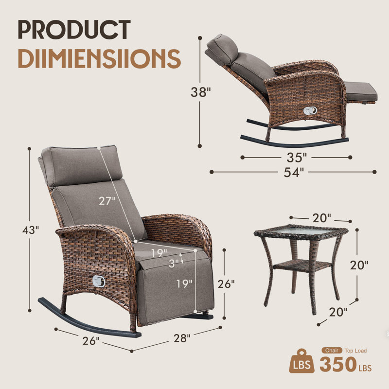 Chaise berçante inclinable pour patio avec dossier et repose-pieds réglables, ensemble de 2 chaises longues toutes saisons avec table d'appoint