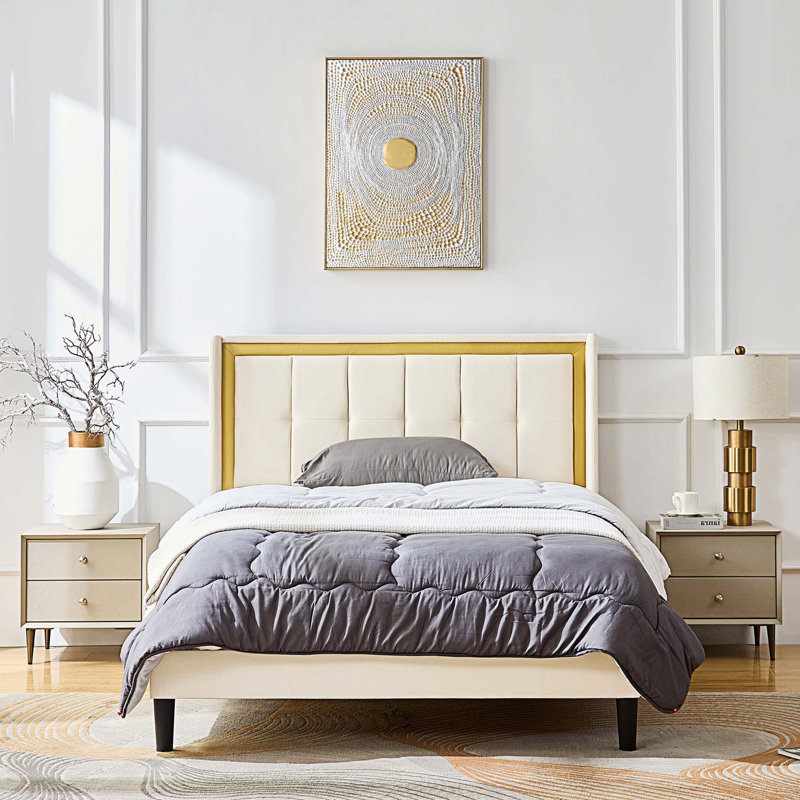 Lit plateforme tapissier Melissia, Très grand, Beige