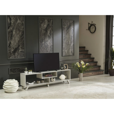 Grey 67 Inch Entertainment Unit, Mid Century Modern Tv Stand With Shelf Unit Stand, Centre Open Shelves