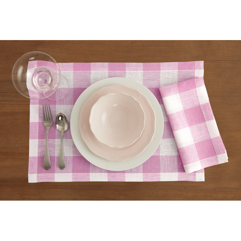 Buffalo Check - 100% Pure Linen Dinner Napkins, Pink Begonia