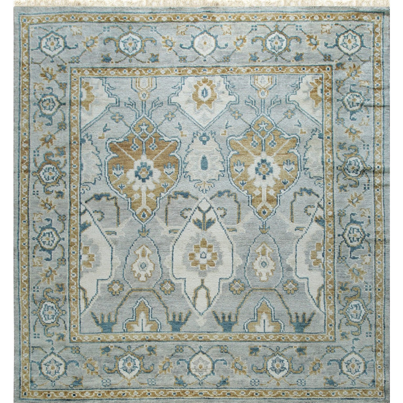 Gray Hand-Knotted Wool Framed Rosettes Geometric Modern Contemporary Carpet Rug, 9' x 12'
