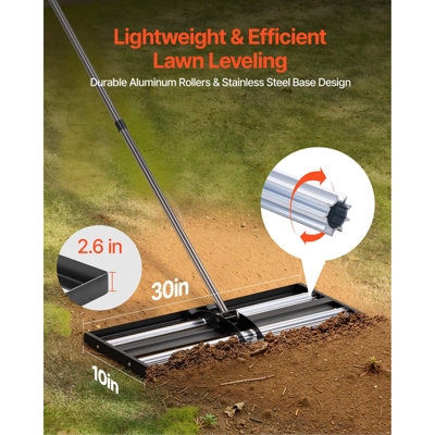 Updated Lawn Leveling Rake with Roller, 30" x 10" Stainless Steel Lawn Leveler with 83.9" Adjustable Handle, Heavy Duty Yard Leveling Rake, Effort Saving Lawn Leveling Tool for Yard Golf Court