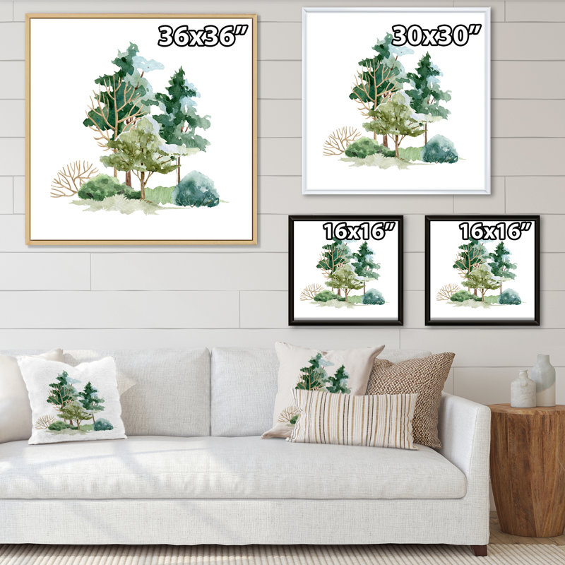 Arbres de brousse et prairie sur fond blanc - peinture sur toile, H 16 po x l 16 po x P 1 po, Cadre flottant noir