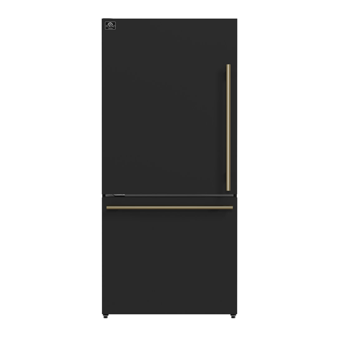 Forno 31" Milano Espresso Bottom Freezer Black, 17.2 cu.ft. Ice Maker, Antique Brass Handles Forno