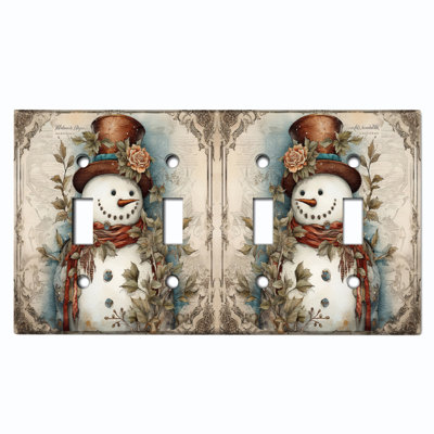 Christmas Festive Snow Man Leaves Beige 4 - Gang Toggle Light Switch Standard Wall Plate