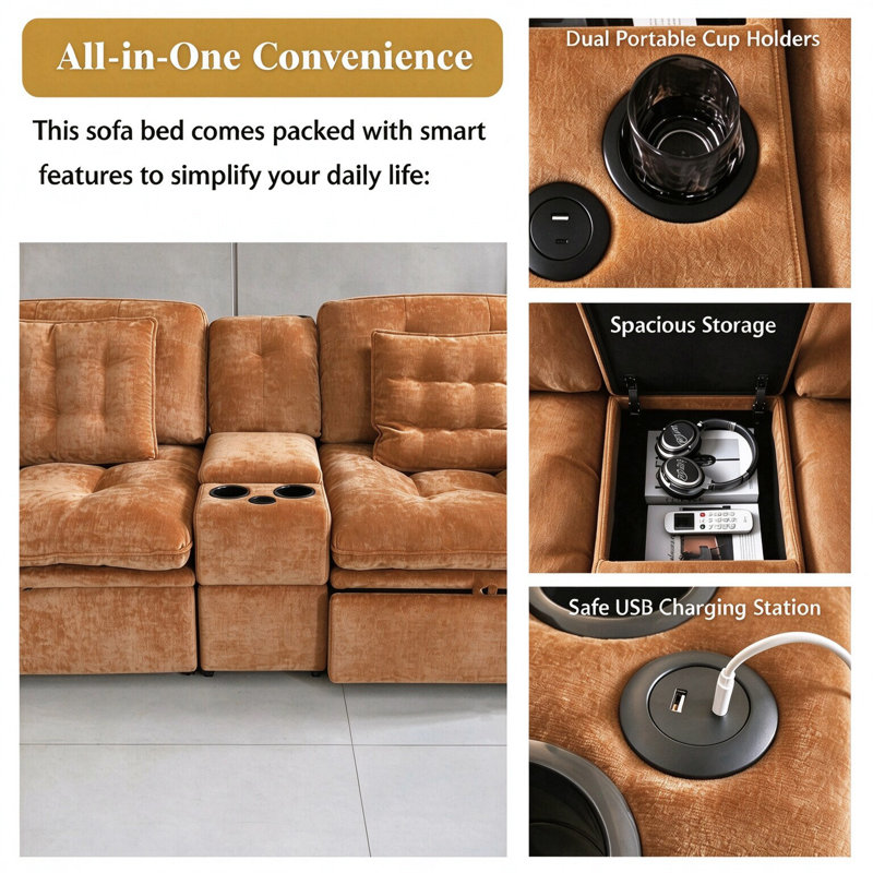 Canapé d'angle modulaire Cloud de 213 cm (83,86 po), canapé rembourré surdimensionné avec console centrale, porte-gobelets et pouf coulissant, canapé profond en tissu moelleux pour salon