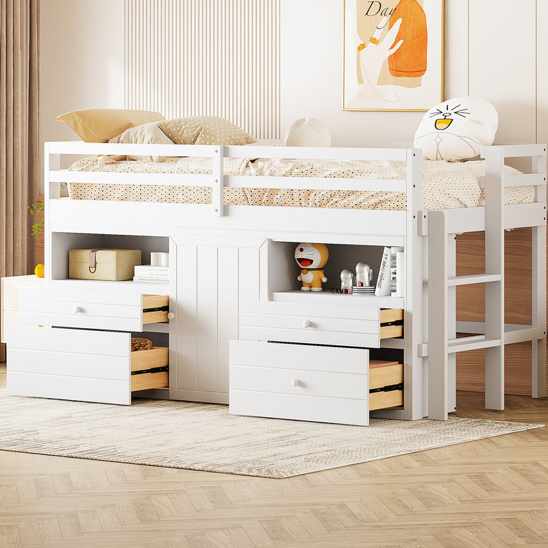 4 lit mezzanine simple blanc avec armoire et tablettes