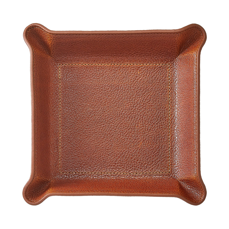 Harness Leather Bedside Catchall Tray, 6.5" W x 1.4" D x 6.5" H