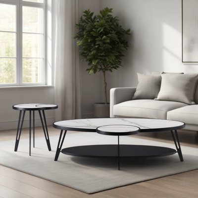 Ardoin Contemporary Modern Oval White Coffee Table Set With Sintered Stone Top - Set Of 2