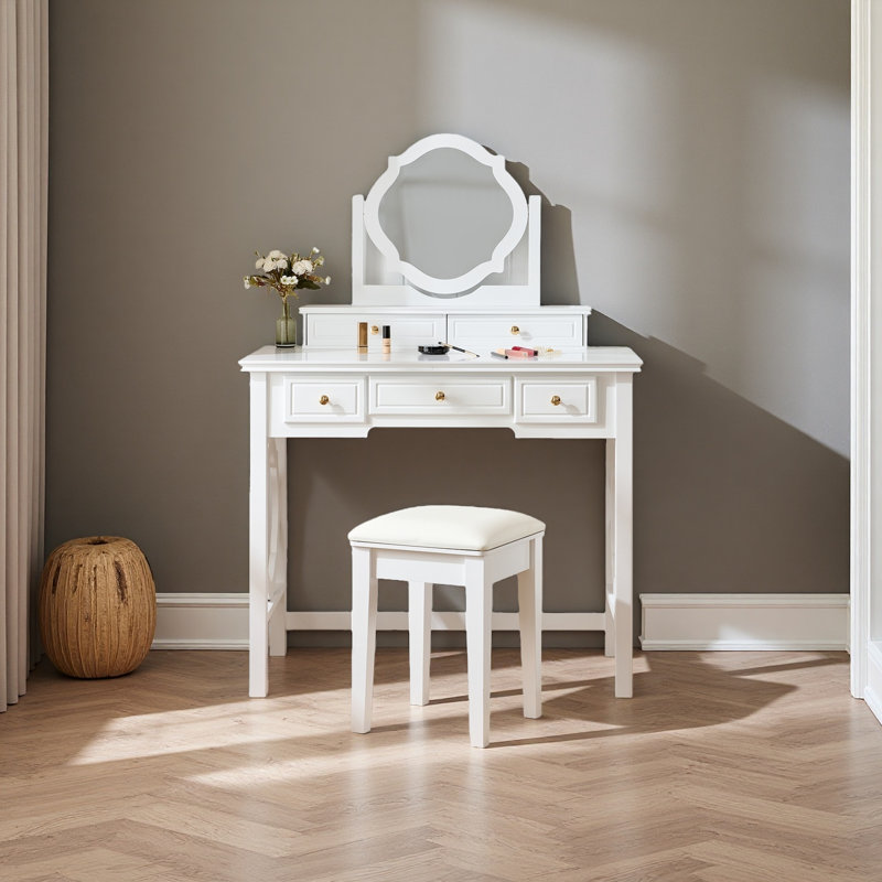 Coiffeuse compacte avec miroir réversible, coiffeuse avec tabouret, coiffeuse compacte pour petits espaces
