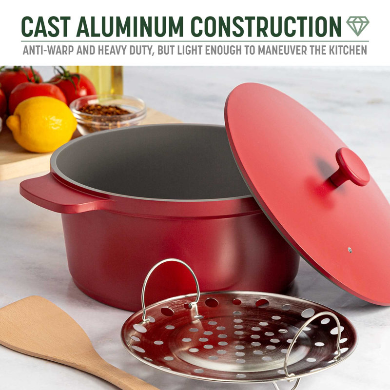 All-In-One Pot, Multilayer Nonstick, High Performance Cast Dutch Oven With Matching Lid, Roasting Rack And Turner, Made Without PFOA, Dishwasher Safe Cookware, 4.7-Quart, Crimson Red