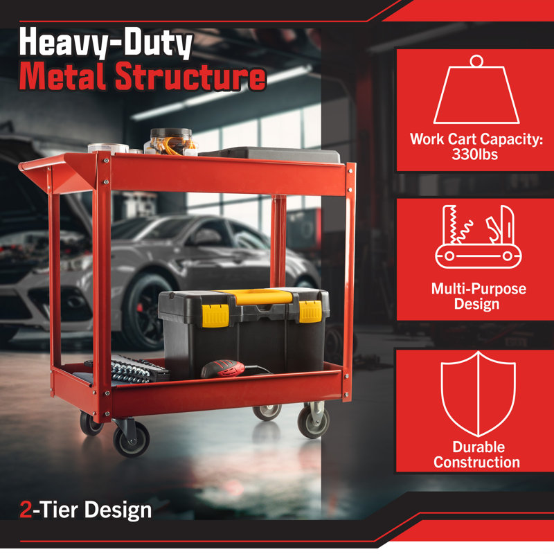 Tool Cart - 2-Tier 330lb Capacity Heavy Duty Utility Cart - Metal Cart on Wheels - Rolling Detailing, Work, or Garage Carts with Wheels by Stalwart