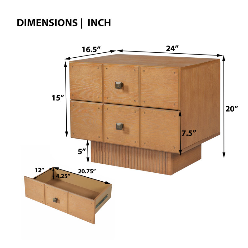 Halvoria Mid-Century Wood Nightstand with Drawers, Fluted Pedestal Base & Brass Knobs for Bedroom & Living Room, Brown, 2