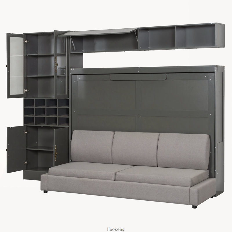 Lit escamotable double avec canapé, tablettes, USB et lumière, gris
