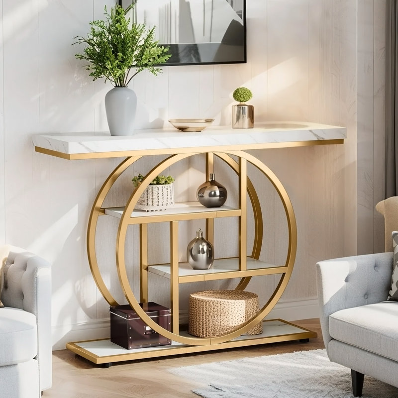 Console industrielle de 41,3 pouces avec 4 niveaux, base circulaire et finition blanche et dorée pour les espaces de vie modernes