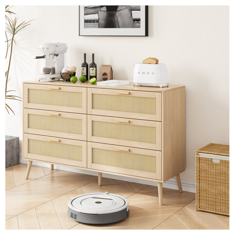 Commode en chêne à 6 tiroirs en rotin avec poignées en bois - Style traditionnel américain pour la chambre à coucher