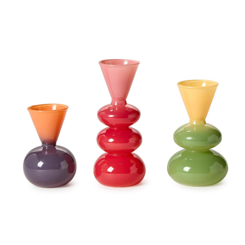 Ensemble de 3 vases en verre soufflé à la main Colorito Glass, 21,5 cm de hauteur, aux couleurs rouge, vert et bleu mélangés.