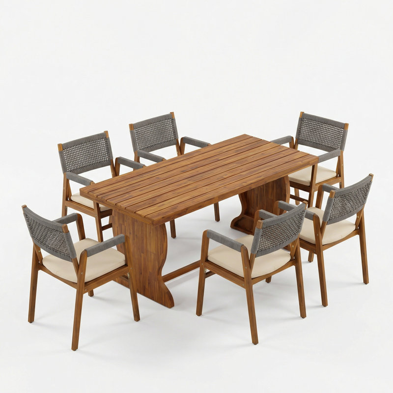 Brendalyn Patio Acacia Wood Dining Set With Woven Rope & Cushions, Gray Rope