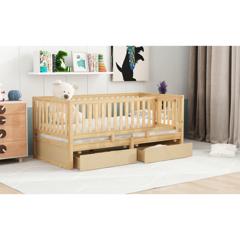 Twin Daybed With Fence Guardrails And 2 Drawers - Ideal For Bedrooms Wood Convenient Bedroom Storage, Natural, Twin
