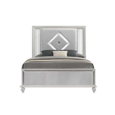 Stacy Queen Bed, Headboard With LED Lighting, Silver Upholstery, White