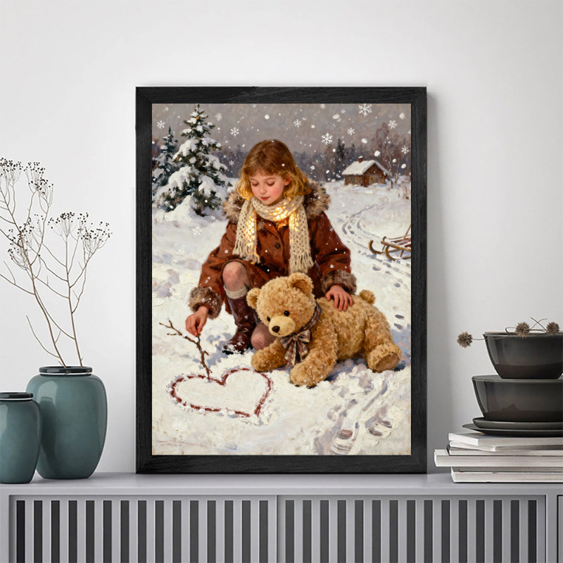 Reproduction d'art encadré noir, fille rétro et ours en peluche, H 37 po x l 25 po