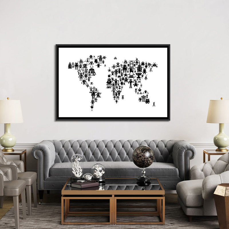 «World Map Series: Black & White Robots», impression sur toile tendue, H 40 po x l 60 po x P 1,5 po, Toile avec cadre noir