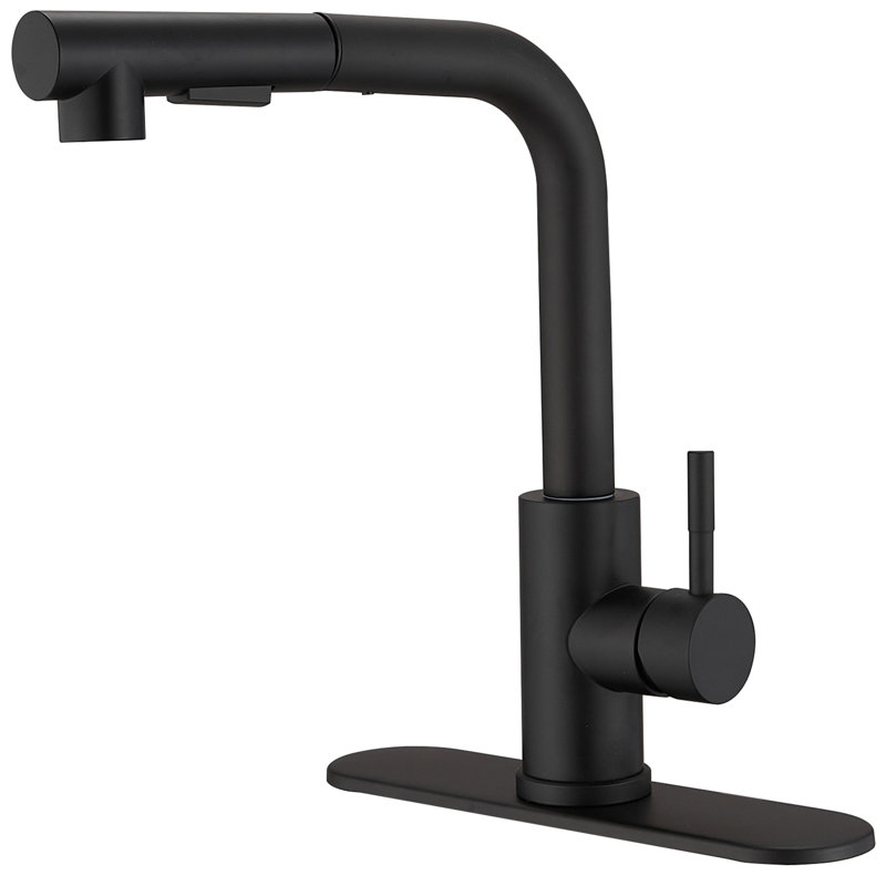 Robinet de cuisine extractible à poignée simple avec plaque de pont et conduites d'alimentation, Noir mat