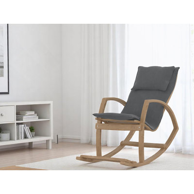 Chaise berçante moderne, fauteuil à cadre en bois avec dossier haut et coussin rembourré pour espaces de vie contemporains, gris foncé