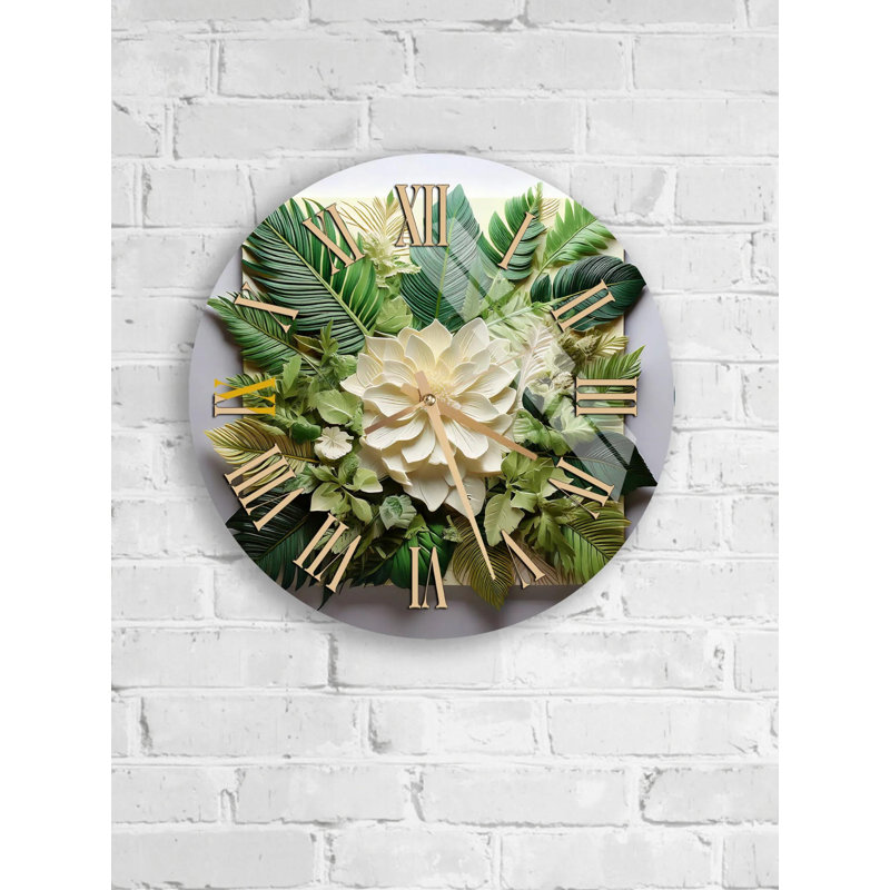 Horloge murale botanique en verre trempé, feuilles vertes et fleur blanche, horloge ronde, art mural moderne, horloge décorative, design minimaliste