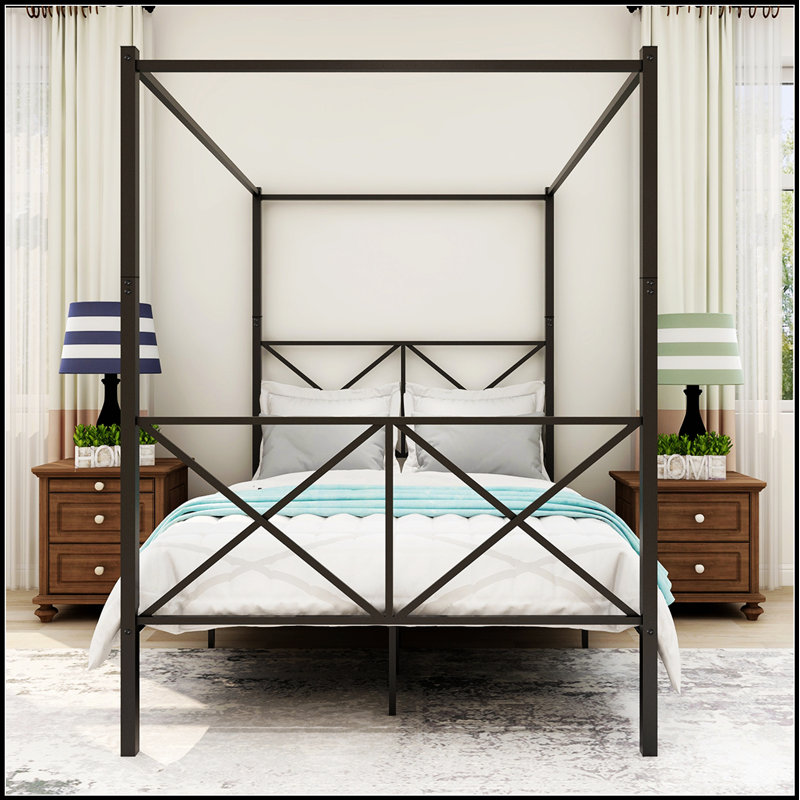 Structure de lit à baldaquin en métal robuste avec design en forme de X, sans sommier, idéal pour le rangement sous le lit et l'esthétique rétro