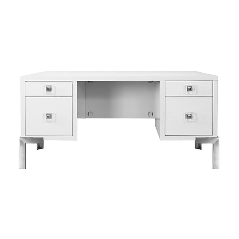 Matte White Lacquer and Nickel Home Office Desk with Drawers
