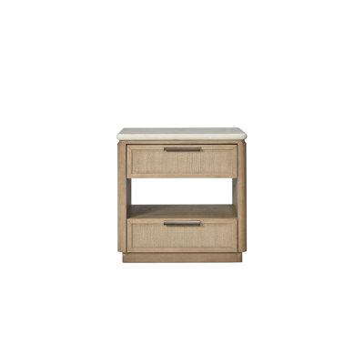 Élégante table de chevet à deux tiroirs avec façades en corde, offrant beaucoup de rangement et une commodité moderne pour votre chambre à coucher