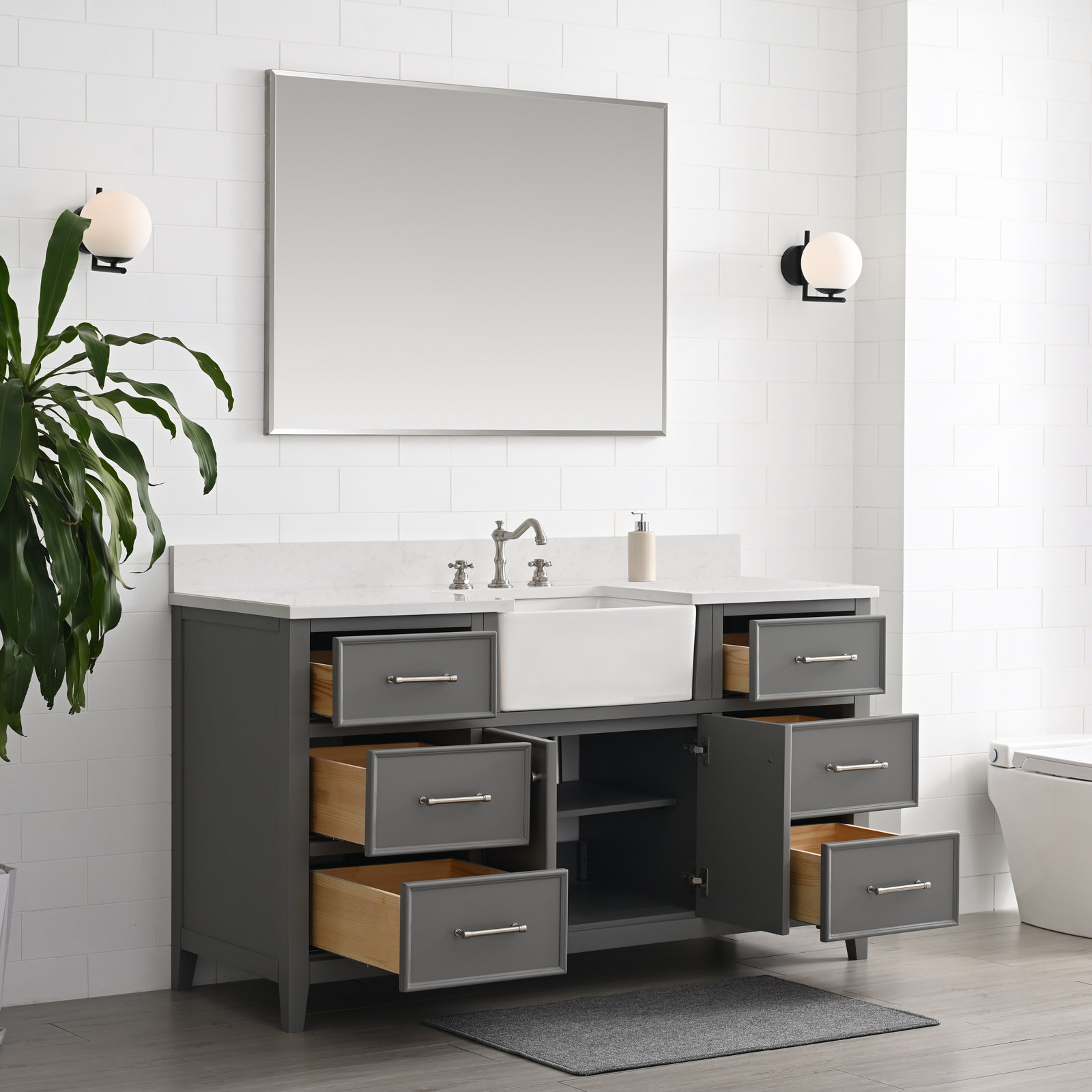 Aisa 60" Pine Single Bathroom Vanity, Gray/Brushed Nickel