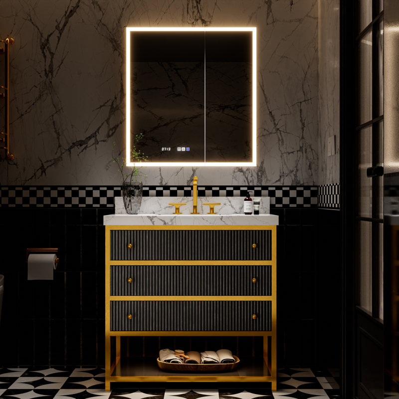 36 po X P 22 po P 35,4 po Meuble-lavabo simple H noir avec comptoir en marbre blanc et armoires à pharmacie