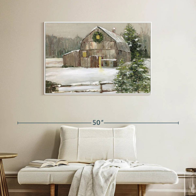 Grange enneigée, Cadre flottant blanc, 40 po x 27 po