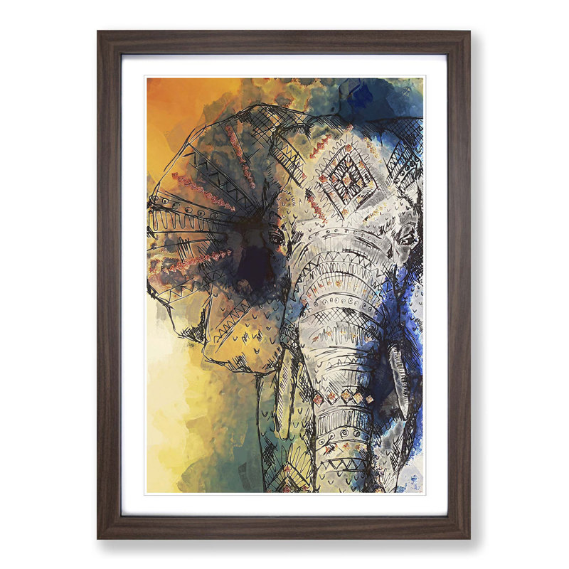 Indian Elephant in Abstract - Picture Frame Graphic Art Print, 50cm H x 35cm W x 2cm D, Walnut