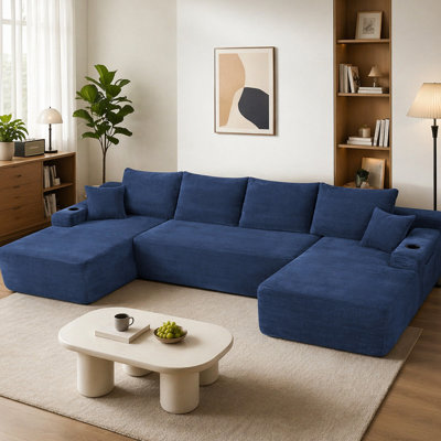 126" Cloud Sectional Sofa with U-Shape Chaise and Side Pockets and Cup holder , Modern Modular Design, Deep Seating, Upholstered Couch for Living Room/Bedroom, No Assembly Required blue