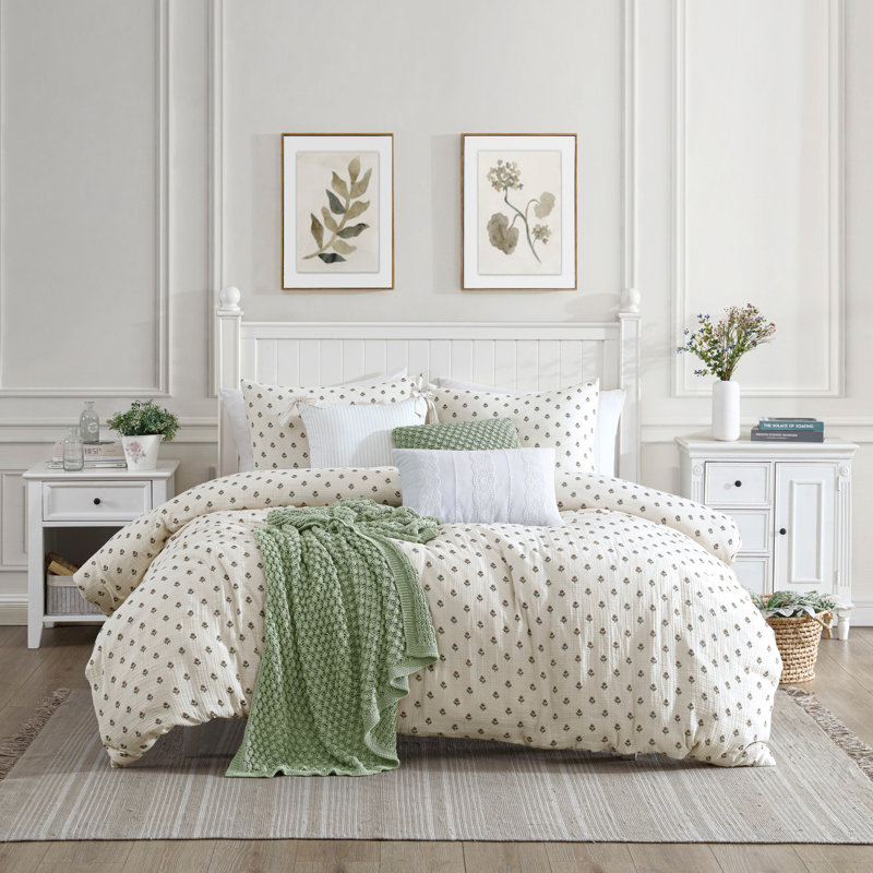 Ivory Cotton King Comforter Set with Floral Print